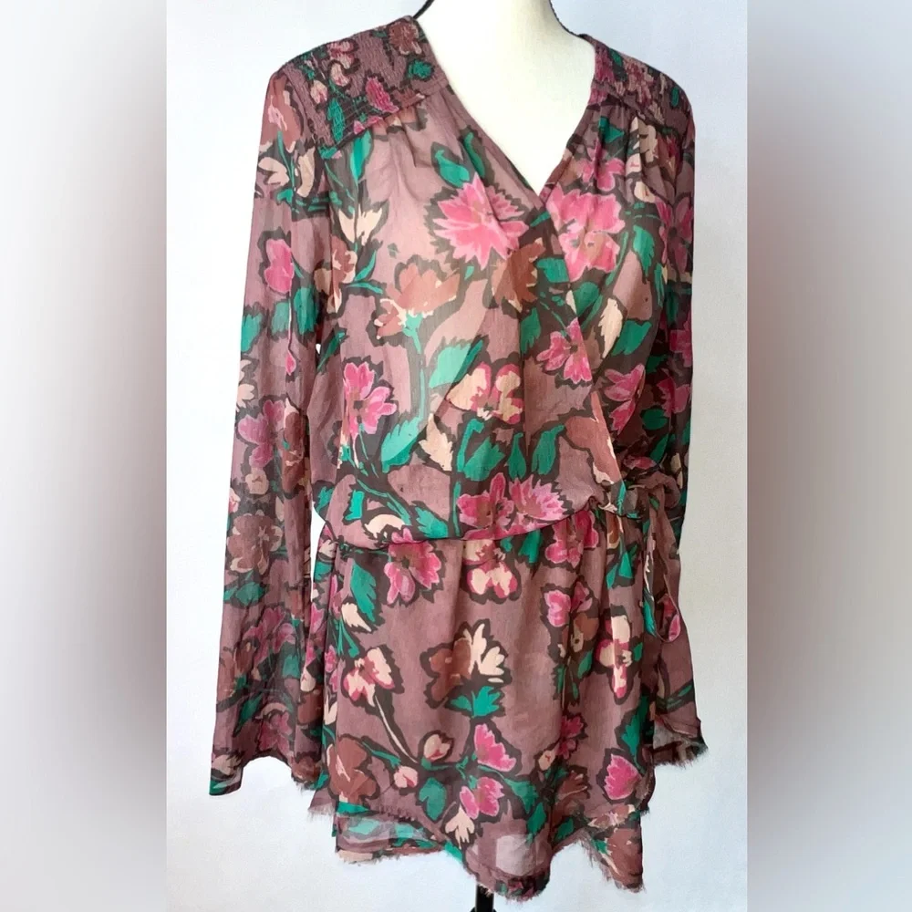 Free People Flume Printed Asymmetrical Floral Sheer Wrap‎  Tunic Medium